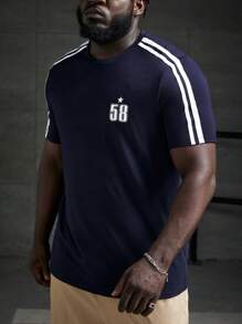 EASEVO 男士大码1入組字母圖案拼接側邊接縫T恤 - 藏蓝色 - 查看 3