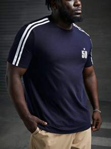 EASEVO 男士大码1入組字母圖案拼接側邊接縫T恤 - 藏蓝色 - 查看 6