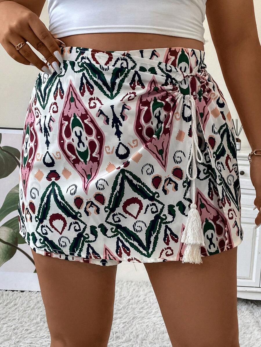 Calvaya 大碼滿版印花流蘇前繫帶圍裹裙裤 - 彩色 - 查看 1