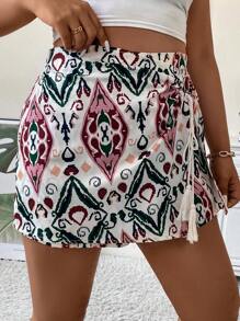 Calvaya 大碼滿版印花流蘇前繫帶圍裹裙裤 - 彩色 - 查看 4