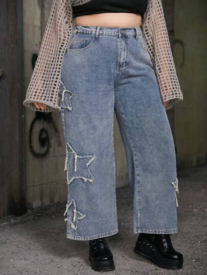 Grunge Punk Große Größe Jeans mit Stern Flicken, breitem Beinschnitt,
