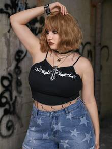 ROMWE Grunge Punk 大碼交叉印花吊帶上衣 - 黑色 - 查看 4