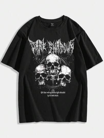 Grunge Punk Herren T-Shirt mit Slogan- und Totenkopf-Muster, Schule, 2000er Jahre Stil