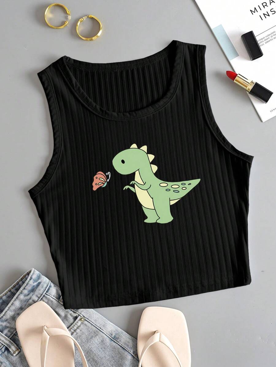 INAWLY Cartoon Graphic Ribbed Knit Tank Top - Black - View 1