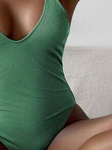 Swim Basics 素色條紋針織連體泳衣 - 綠色 - 查看 4
