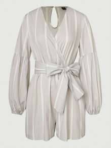 SHEIN Unity Striped Print Lantern Sleeve Belted Romper Fall Cloth For Women