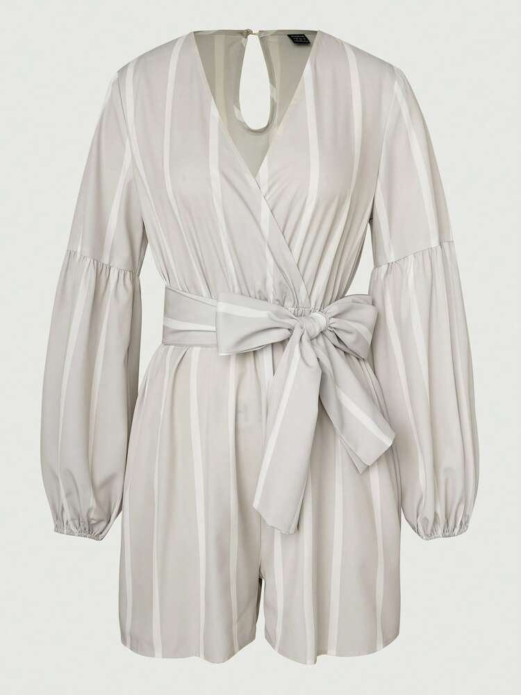 Striped Print Lantern Sleeve Belted Romper Fall Cloth For Women