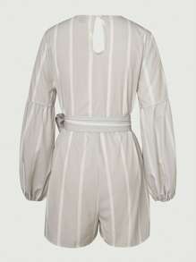 SHEIN Unity Striped Print Lantern Sleeve Belted Romper Fall Cloth For Women