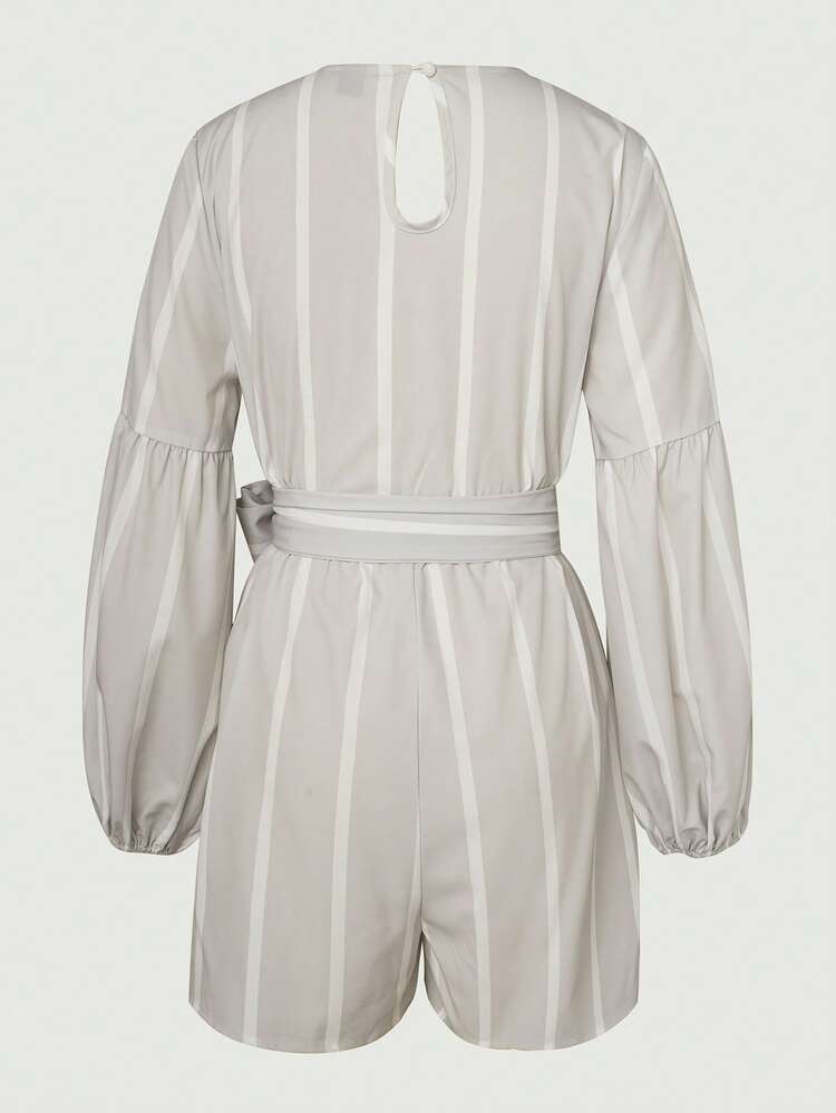 Striped Print Lantern Sleeve Belted Romper Fall Cloth For Women