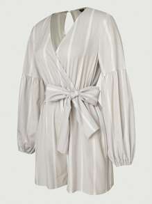 SHEIN Unity Striped Print Lantern Sleeve Belted Romper Fall Cloth For Women