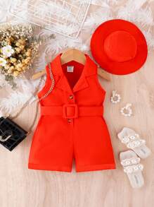 Baby Girl Button Front Belted Shirt Romper & Hat - Red - View 1