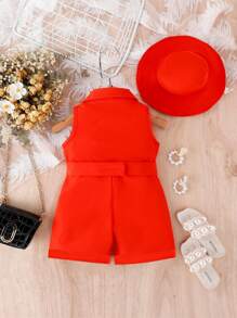 Baby Girl Button Front Belted Shirt Romper & Hat - Red - View 2