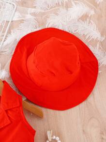 Baby Girl Button Front Belted Shirt Romper & Hat - Red - View 3