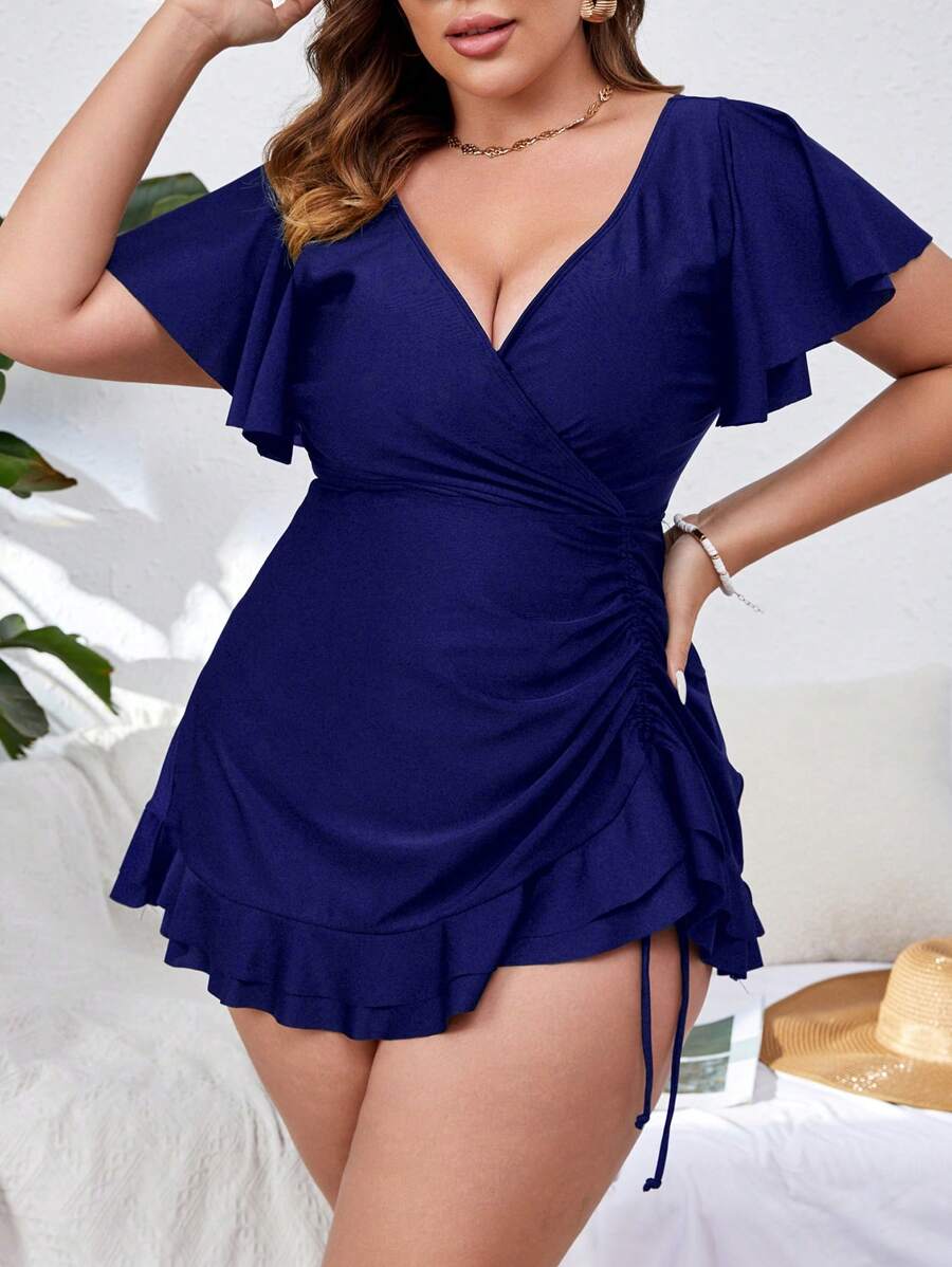 Swim Lushoire Summer Beach Plus Drawstring Front Ruffle Hem Dress Swimsuit - Navy Blue - View 1