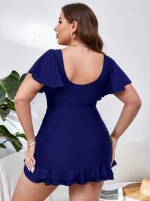 Swim Lushoire Summer Beach Plus Drawstring Front Ruffle Hem Dress Swimsuit - Navy Blue - View 2