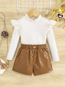 SHEIN 女小童荷葉邊小高領T恤&PU皮革短褲