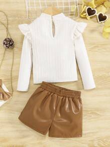 SHEIN 女小童荷葉邊小高領T恤&PU皮革短褲