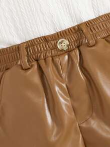 SHEIN 女小童荷葉邊小高領T恤&PU皮革短褲