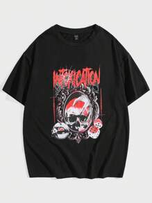 ROMWE MEN Hombres Camiseta con estampado de cráneo y letra - Negro - Ver 1