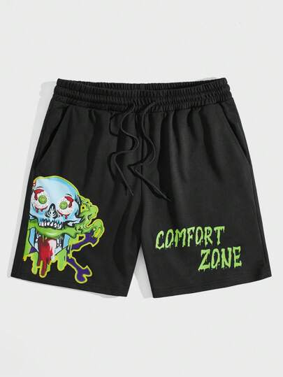 Guys Cartoon & Slogan Graphic Drawstring Waist Shorts