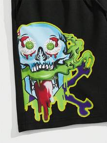 ROMWE MEN 男士卡通和標語圖案腰部抽繩短褲 - 黑色 - 查看 3