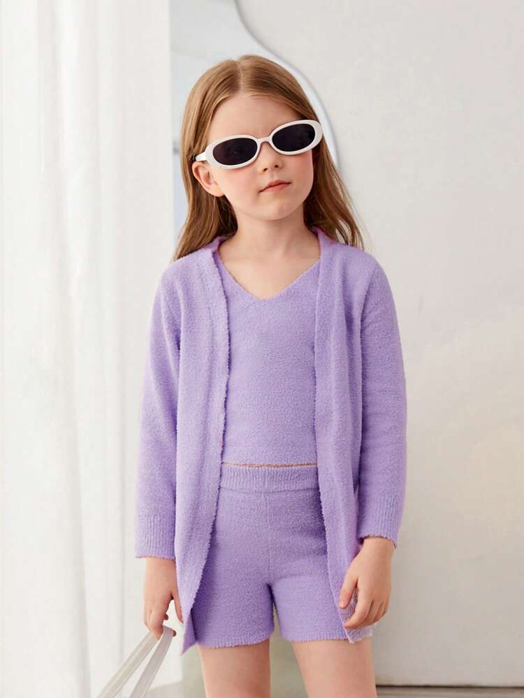 Young Girl 3pcs V-Neck Sweater & Cardigan And Shorts Set