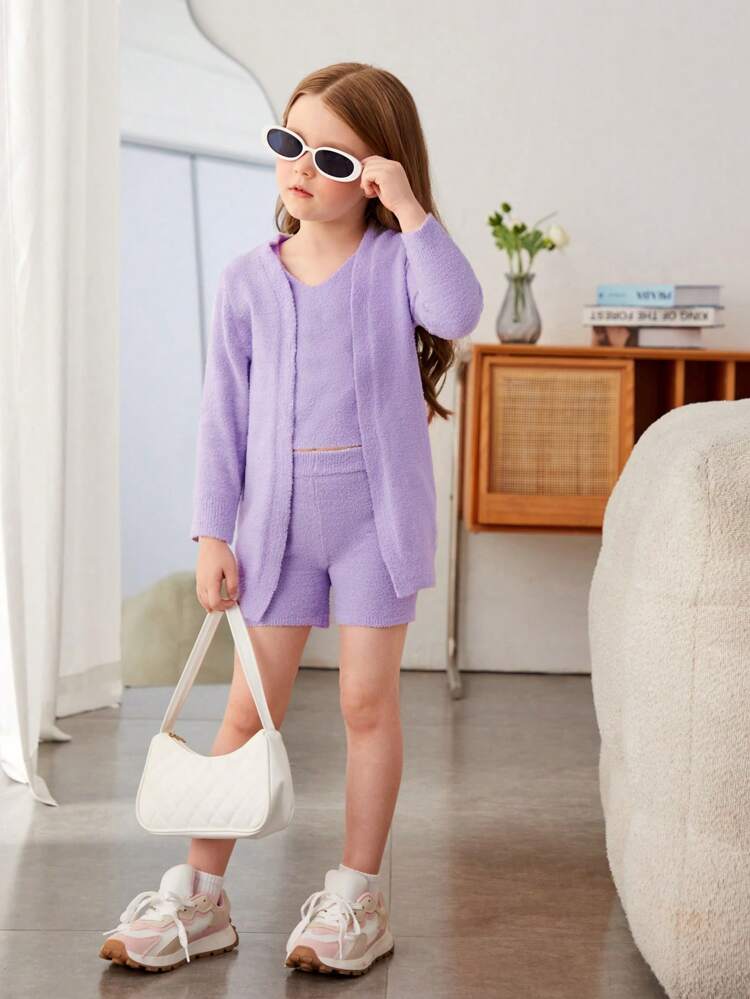 Young Girl 3pcs V-Neck Sweater & Cardigan And Shorts Set