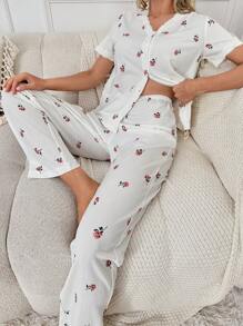 Floral Print Button Front PJ Set - White - View 3