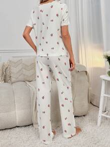 Floral Print Button Front PJ Set - White - View 2