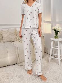 Floral Print Button Front PJ Set - White - View 4