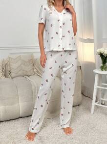 Floral Print Button Front PJ Set - White - View 5