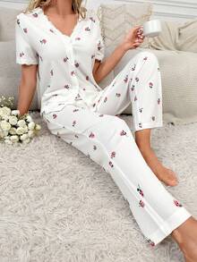 Floral Print Button Front PJ Set - White - View 6