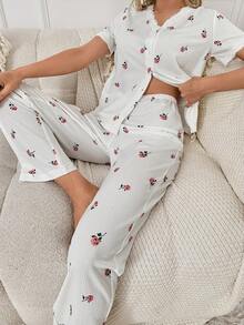 Floral Print Button Front PJ Set - White - View 7
