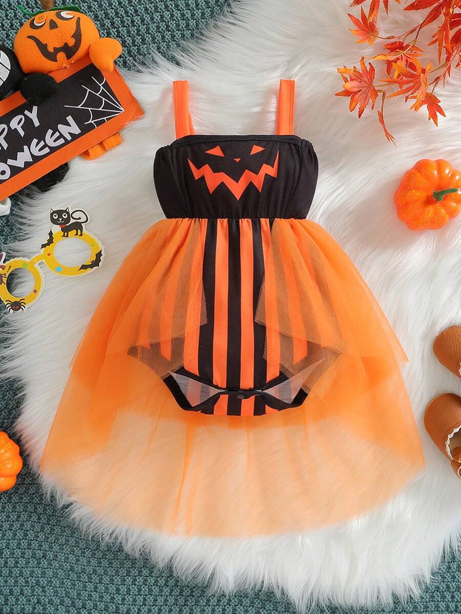 SHEIN 女婴条纹和万圣节印花网眼覆盖吊带连体衣，适合万圣节派对 - 彩色 - 查看 1