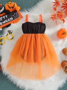 SHEIN 女婴条纹和万圣节印花网眼覆盖吊带连体衣，适合万圣节派对 - 彩色 - 查看 2