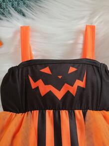 SHEIN 女婴条纹和万圣节印花网眼覆盖吊带连体衣，适合万圣节派对 - 彩色 - 查看 4