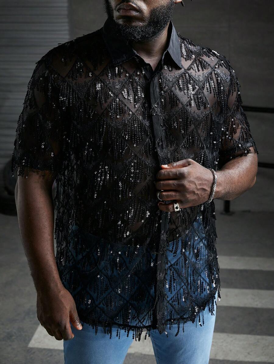 EASEVO Nam Plus Đồ trang trí tấm lóng lánh Nút Lên Áo sơ mi - màu đen - Xem 1