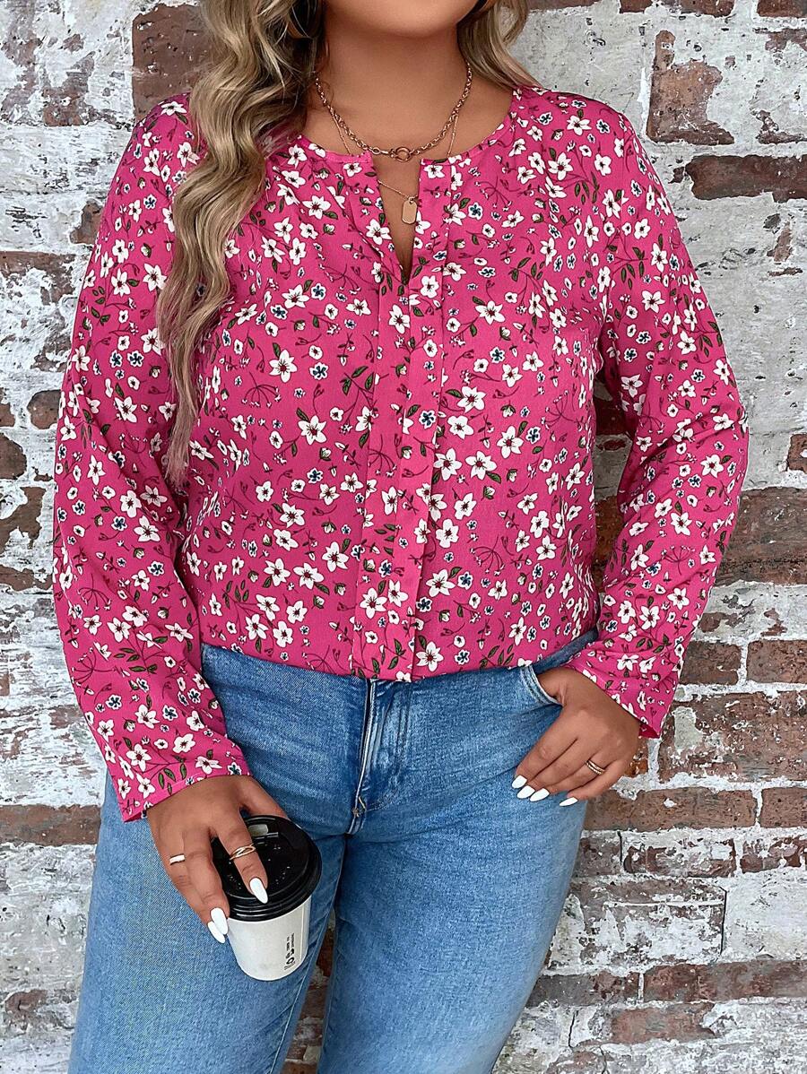 SHEIN LUNE Plus Ditsy Floral Print Notched Neckline Blouse - Multicolor - View 1
