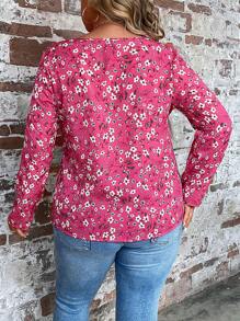 SHEIN LUNE Plus Ditsy Floral Print Notched Neckline Blouse - Multicolor - View 2