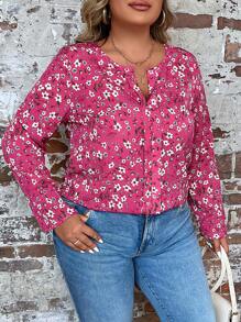 SHEIN LUNE Plus Ditsy Floral Print Notched Neckline Blouse - Multicolor - View 5