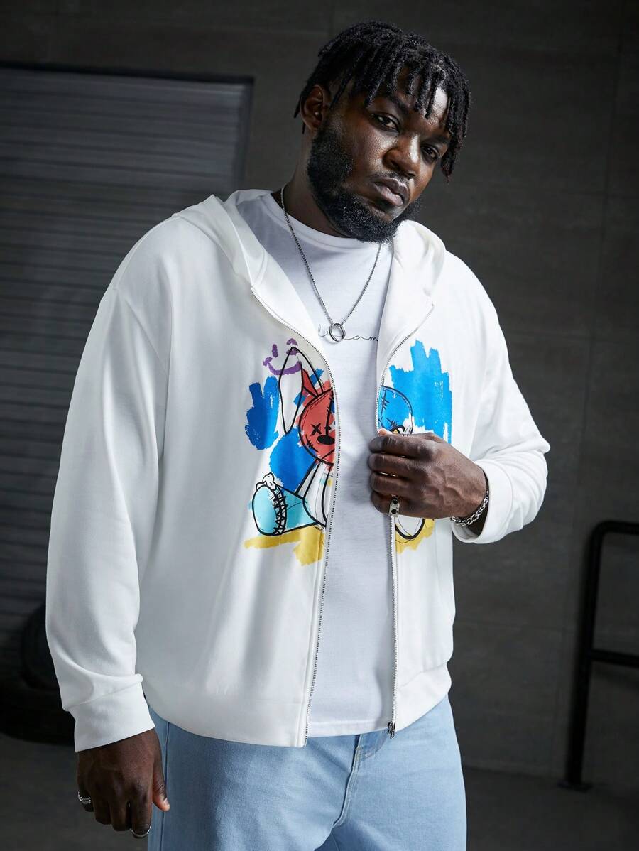 Manfinity VCAY Men Plus Cartoon Graphic Drop Shoulder Hoodie, For Fall Winter - White - View 1