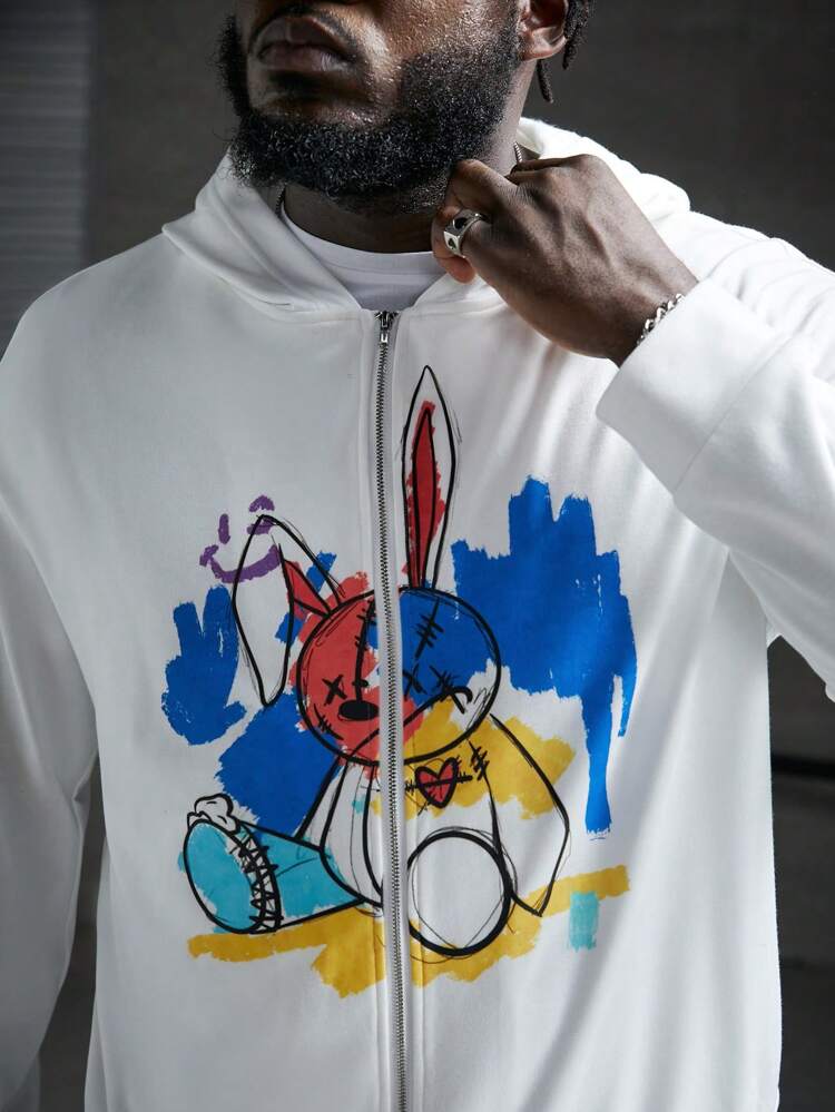 Men Plus Cartoon Graphic Drop Shoulder Hoodie, For Fall Winter