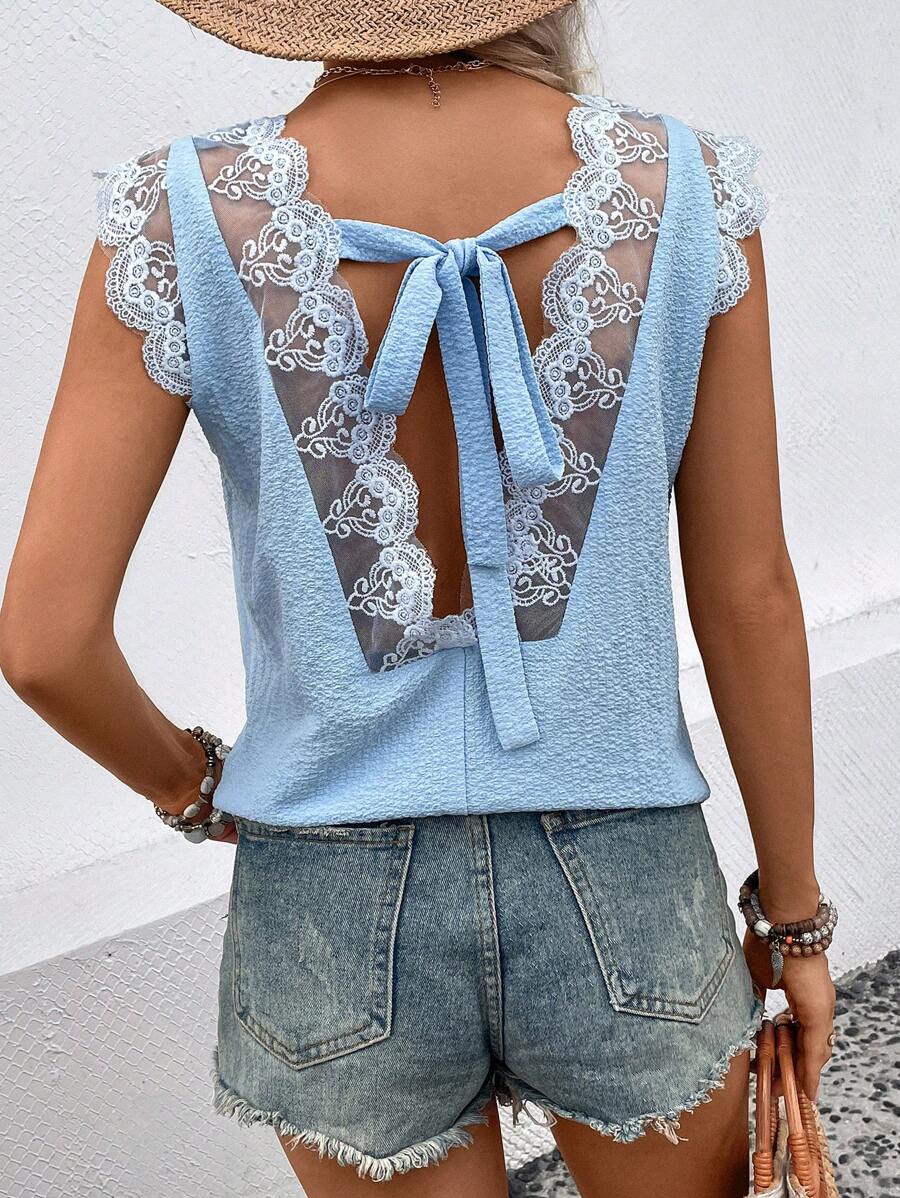 Chiquease Contrast Lace Tie Back Blouse - Blue - View 1