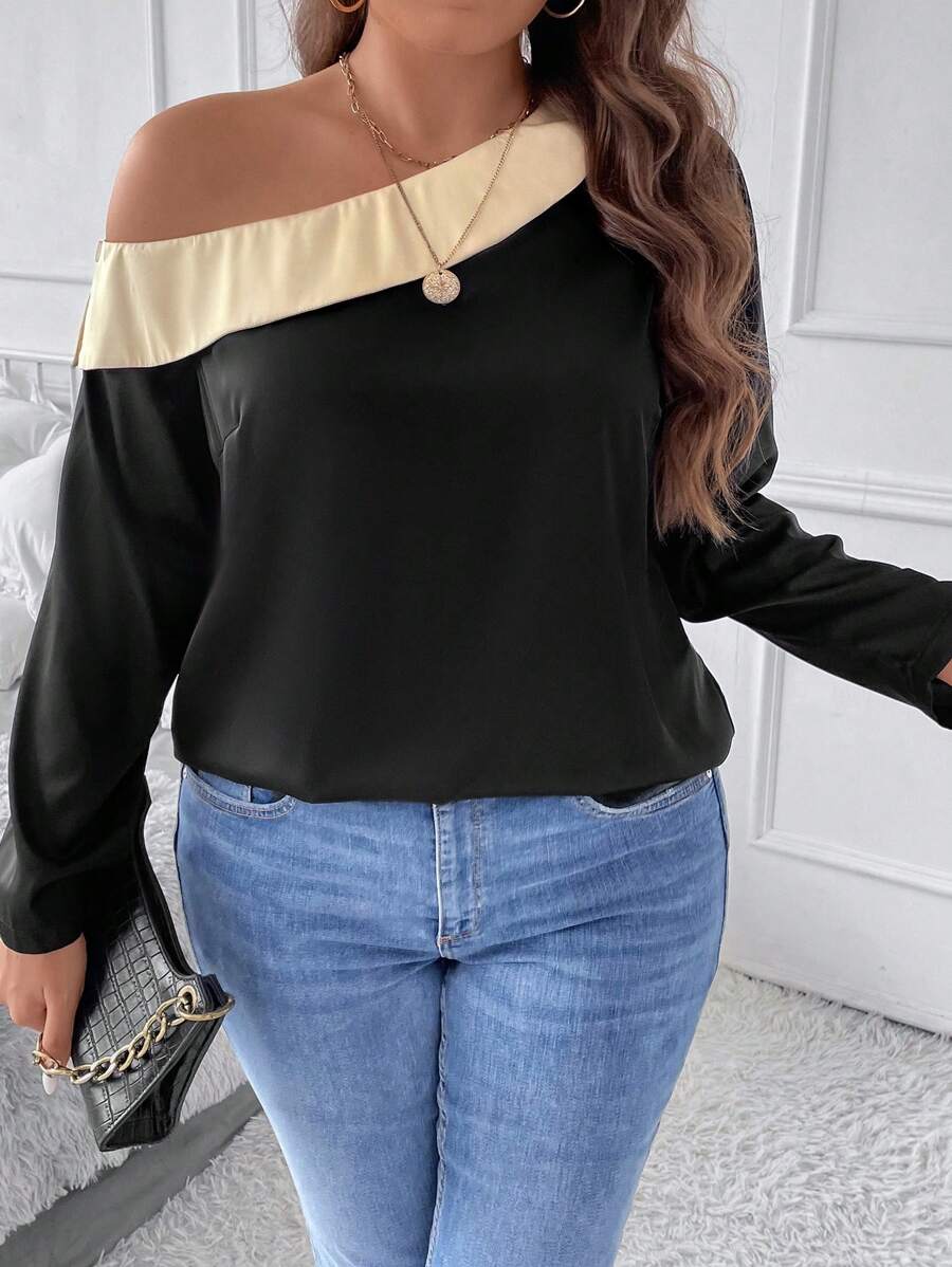 SHEIN Clasi Hơn Khối màu Cổ không đối xứng Áo sơ mi - màu đen - Xem 1