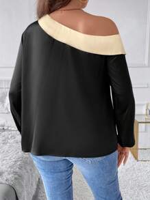 SHEIN Clasi Hơn Khối màu Cổ không đối xứng Áo sơ mi - màu đen - Xem 2