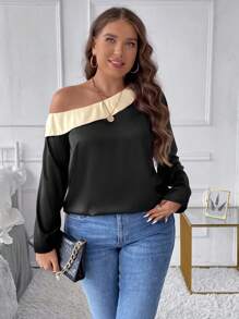 SHEIN Clasi Hơn Khối màu Cổ không đối xứng Áo sơ mi - màu đen - Xem 3