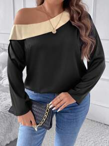 SHEIN Clasi Hơn Khối màu Cổ không đối xứng Áo sơ mi - màu đen - Xem 5