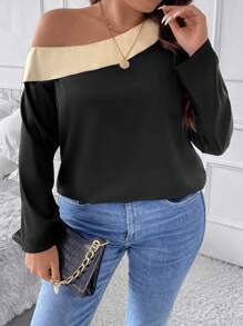 SHEIN Clasi Hơn Khối màu Cổ không đối xứng Áo sơ mi - màu đen - Xem 6