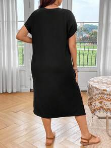 Flirla 大碼字母&黃牛圖案蝙蝠袖高衩連衣裙 - 黑色 - 查看 3