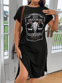 Flirla 大碼字母&黃牛圖案蝙蝠袖高衩連衣裙 - 黑色 - 查看 4